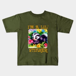 Cartoon I'M A LIL' STINKER Baby Skunk In Flower Bed Kids T-Shirt